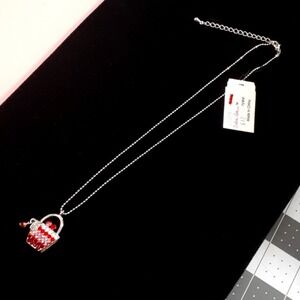 Cookie Lee Crystal Basket Pendant Necklace Red Rhinestone Silver‎ Tone Chain NEW